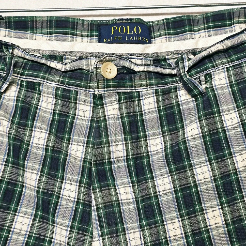 Polo Ralph Lauren Shorts Men's 38 Green Blue Plaid Cotton Flat Front Casual